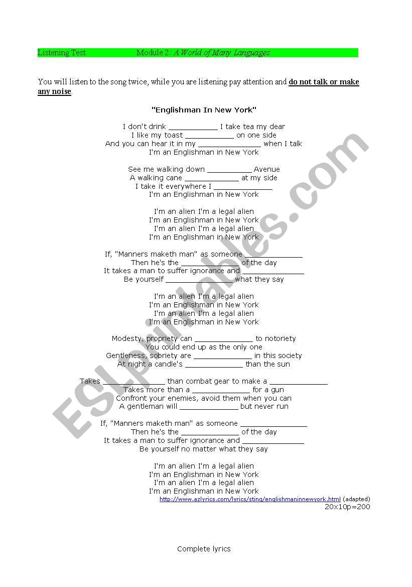 Englishman in NY worksheet