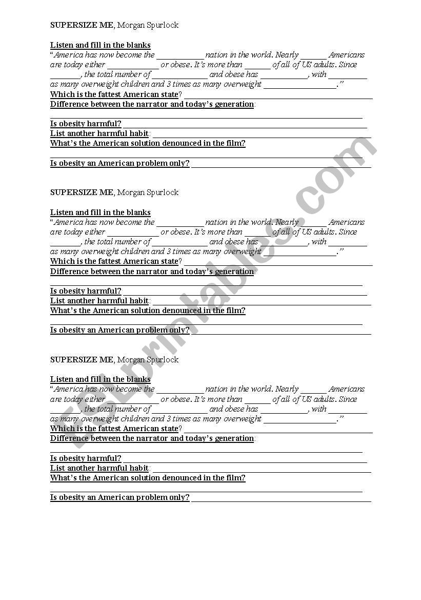 Supersize me worksheet