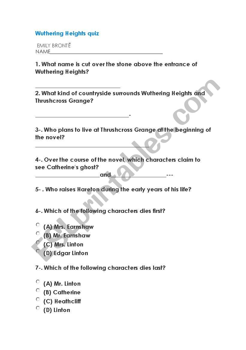 wuthering heights worksheet