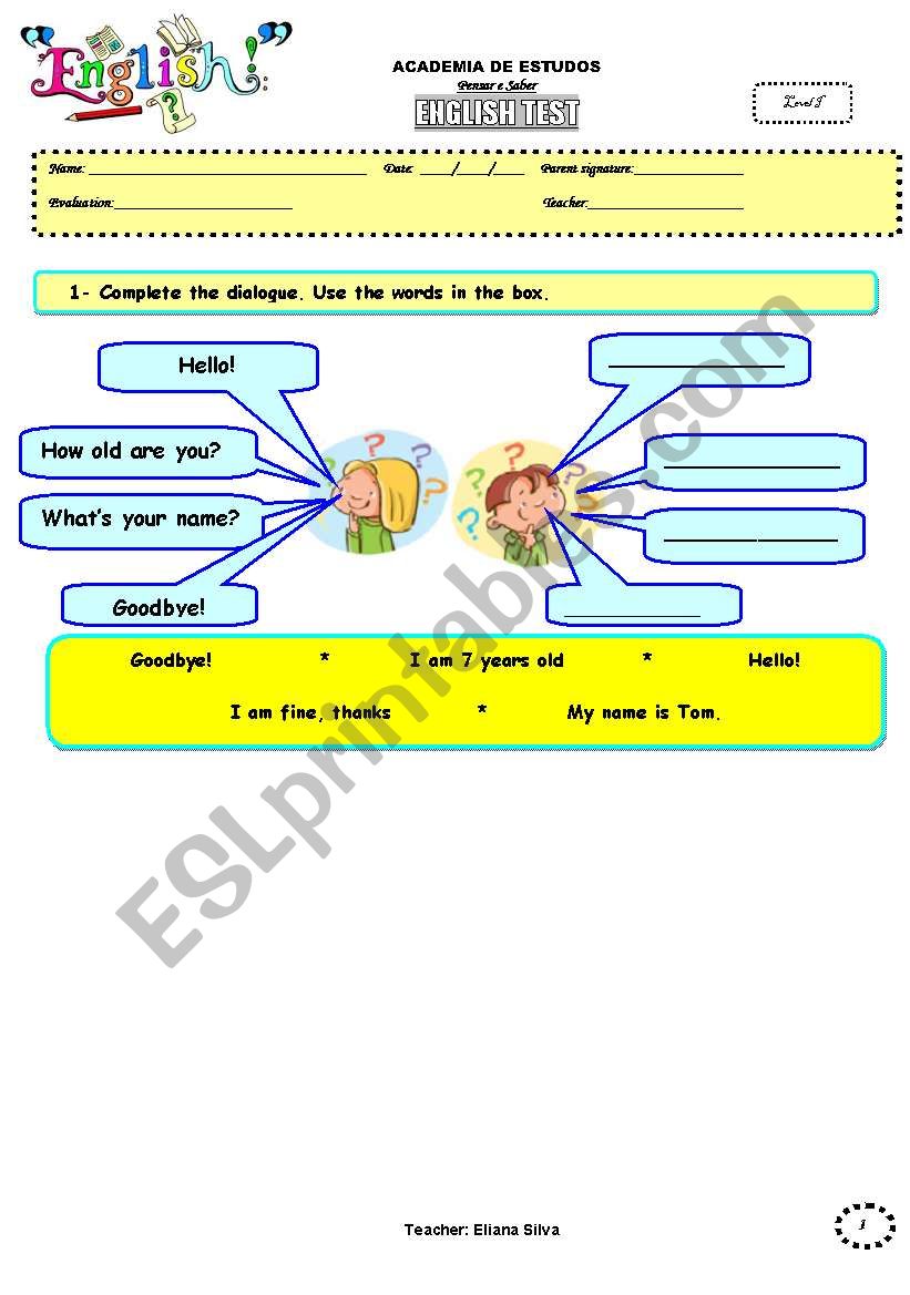 ELEMENTARY TEST PART 1 OF 4 worksheet