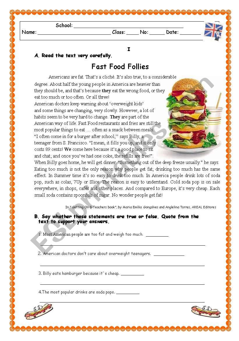 FAST FOOD FOLLIES worksheet