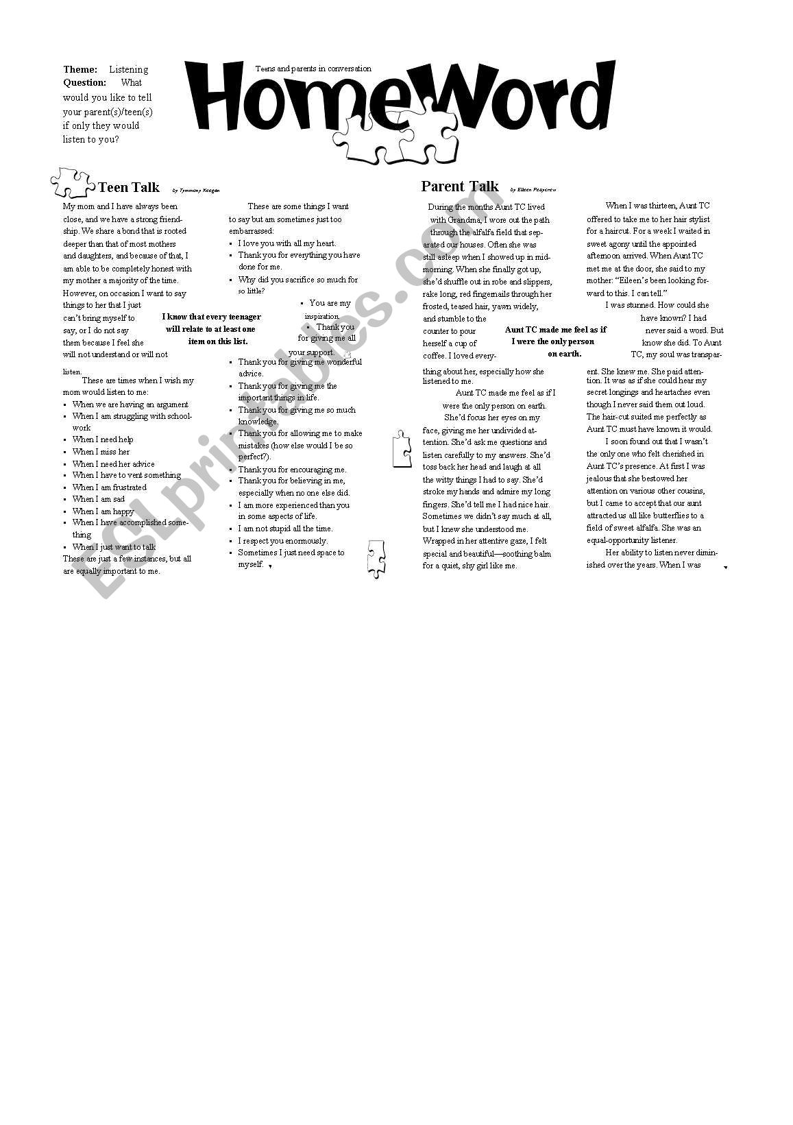 Parents & Teenagers  worksheet