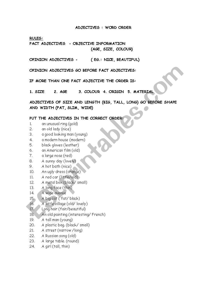 WORD ORDER OF ADJECTIVES worksheet