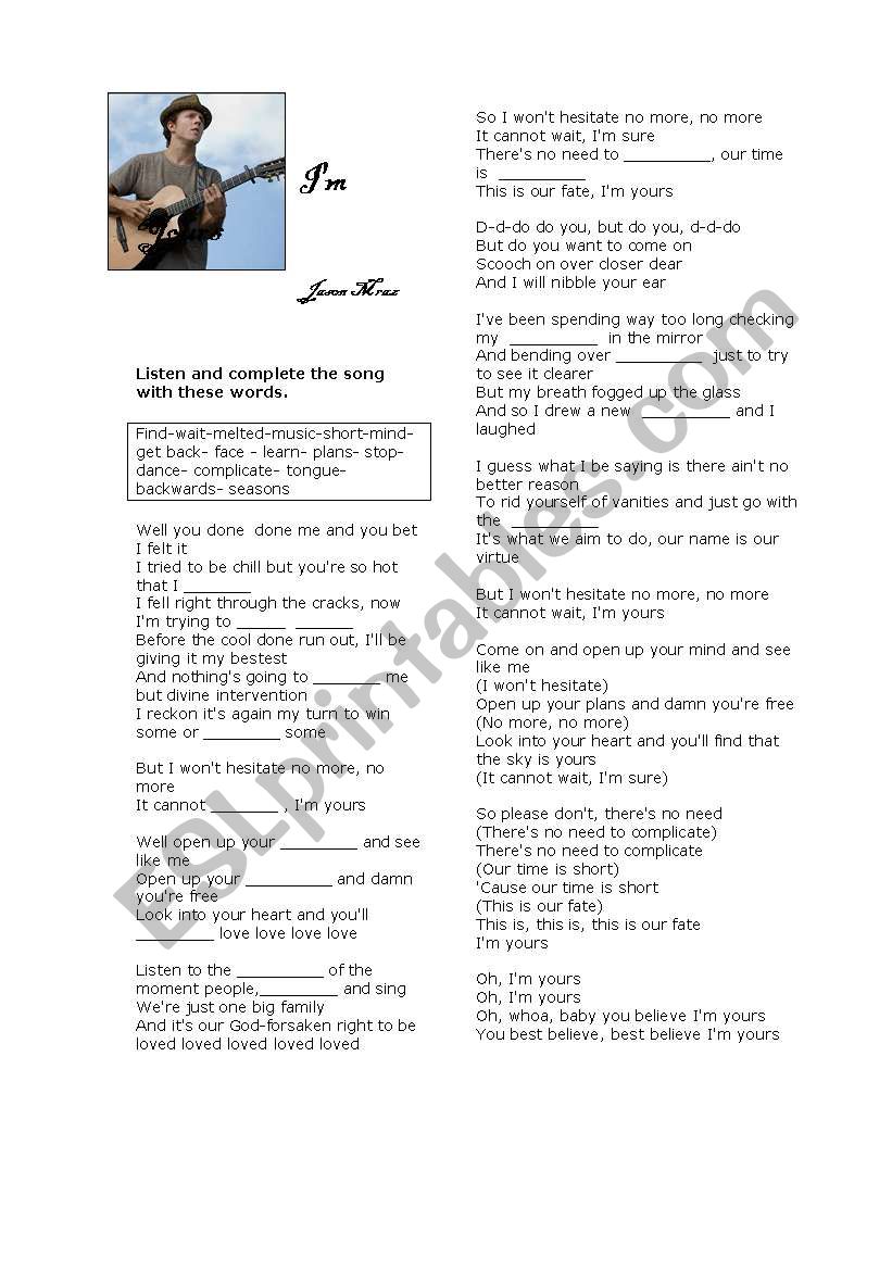 IÂ´m yours- Jason Mraz worksheet