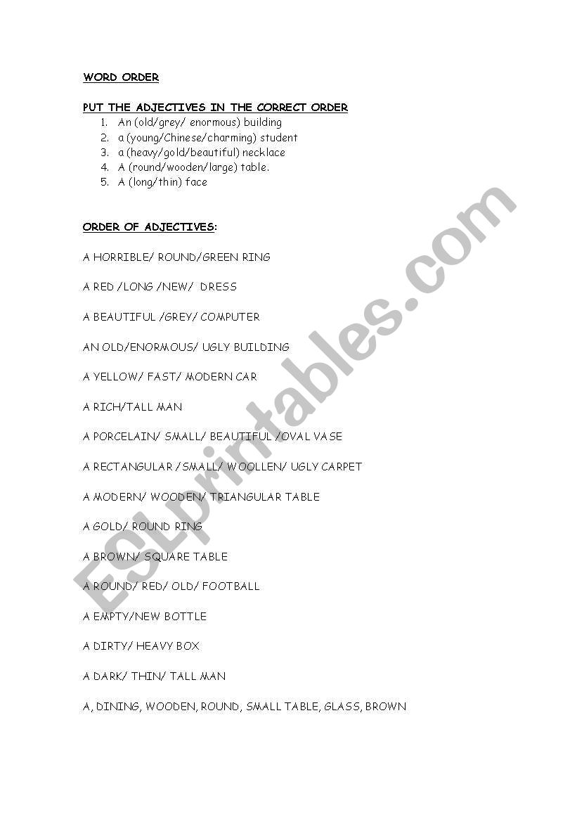 WORD ORDER OF ADJECTIVES worksheet