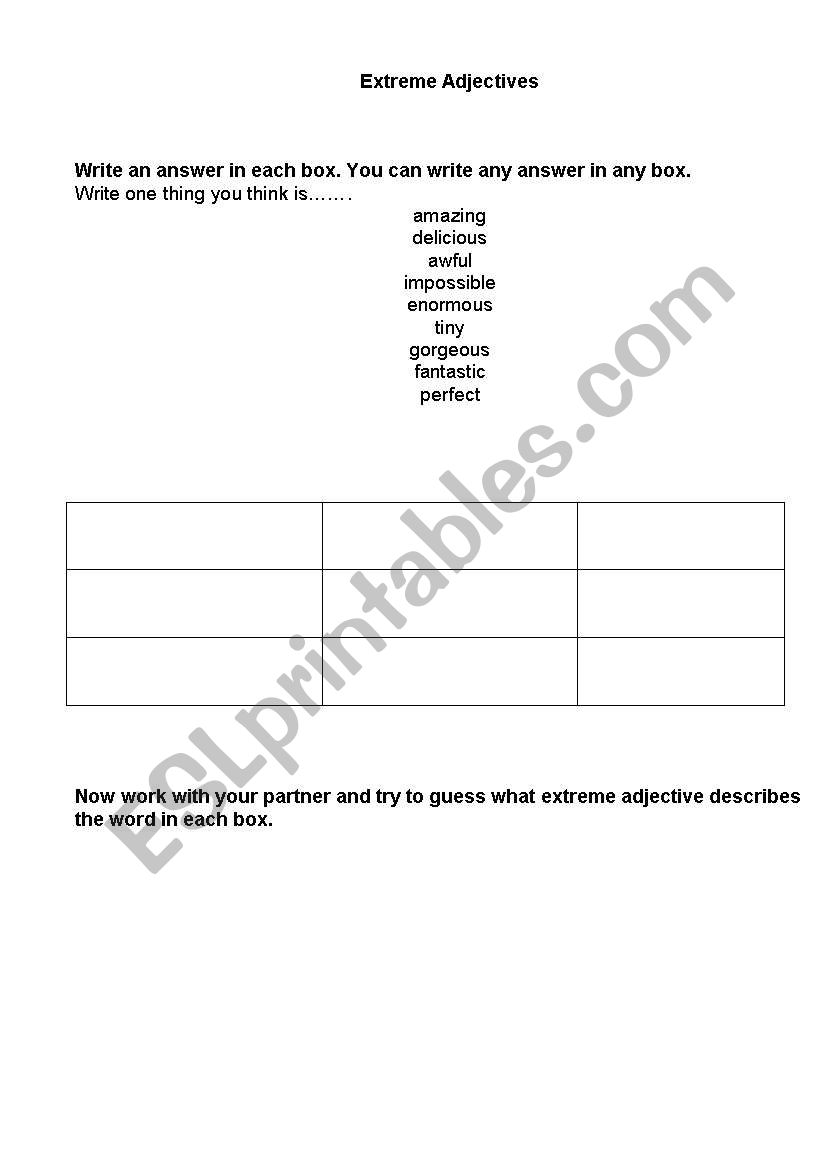 Extreme adjectives game worksheet