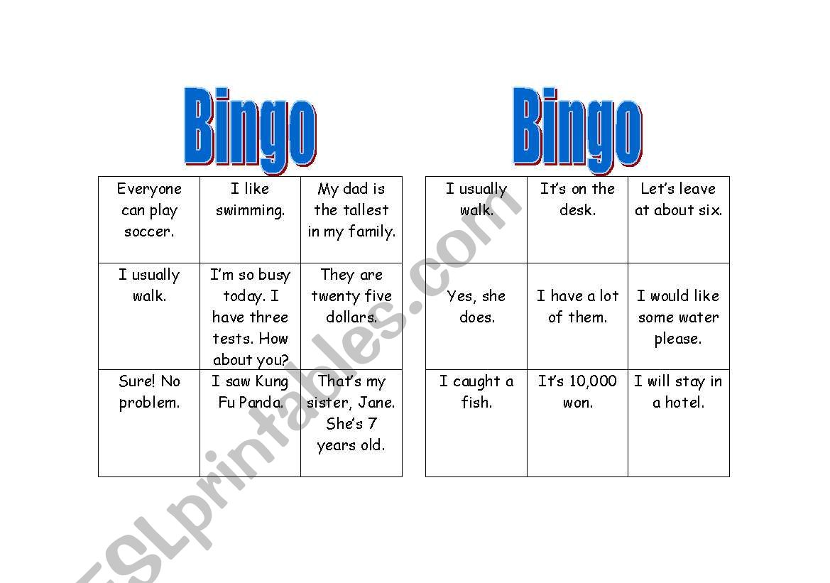 Grammar Review Bingo worksheet