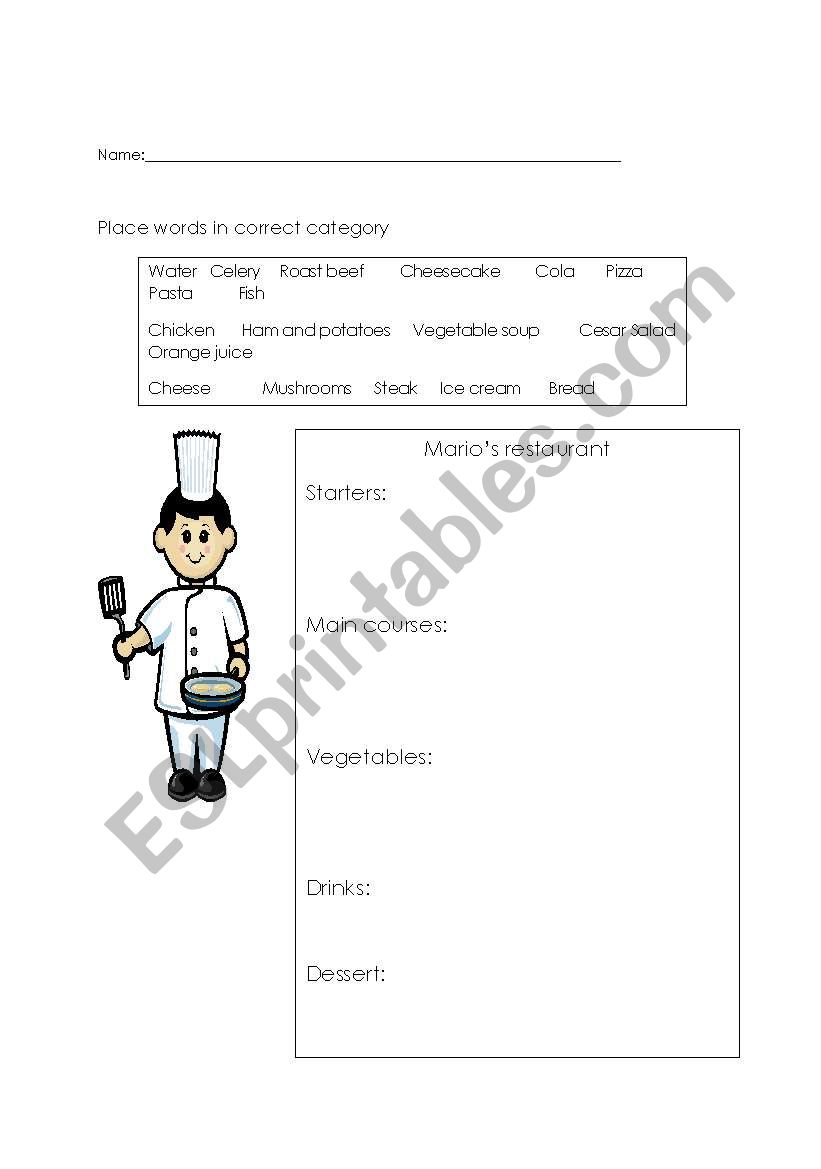 Marios restaurant worksheet