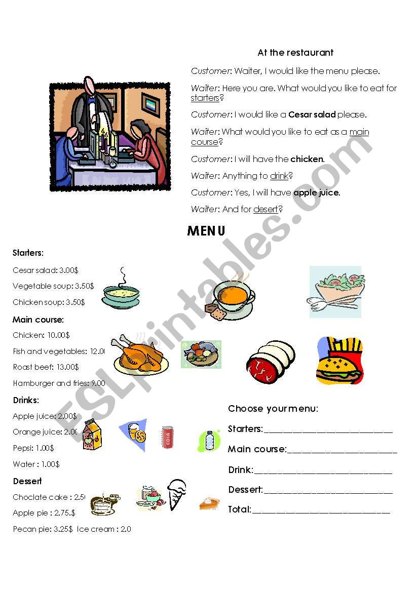 Restaurant activity ESL worksheet by mary_anne