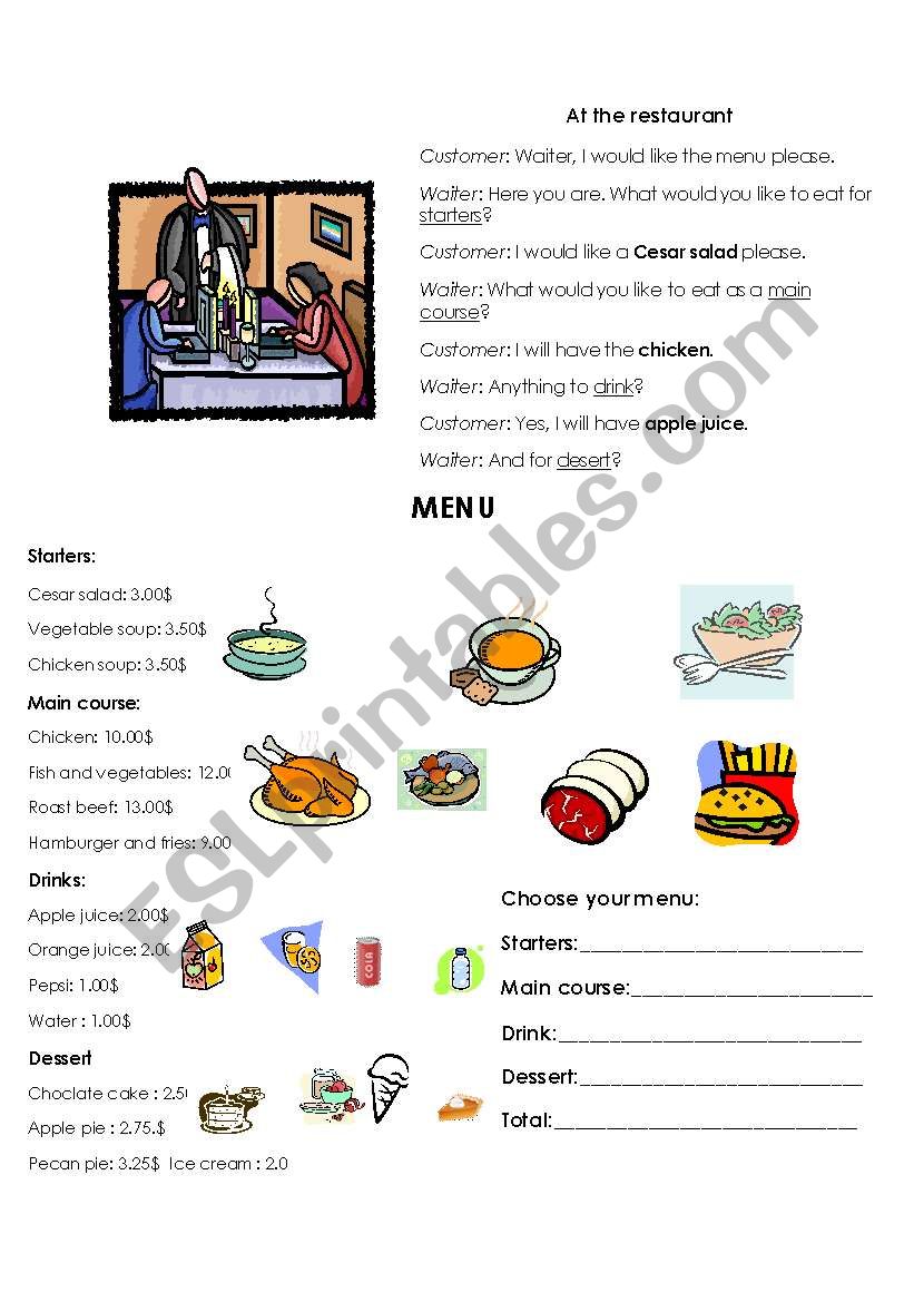 Restaurant activity worksheet