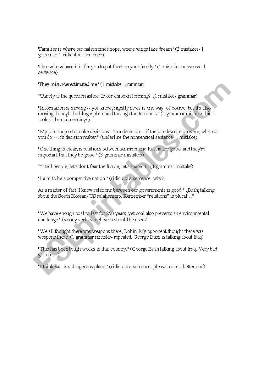 George Bush Grammar Game worksheet