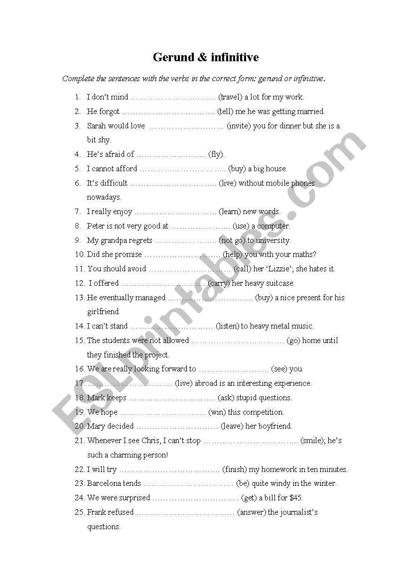 Gerund & infinitive worksheet