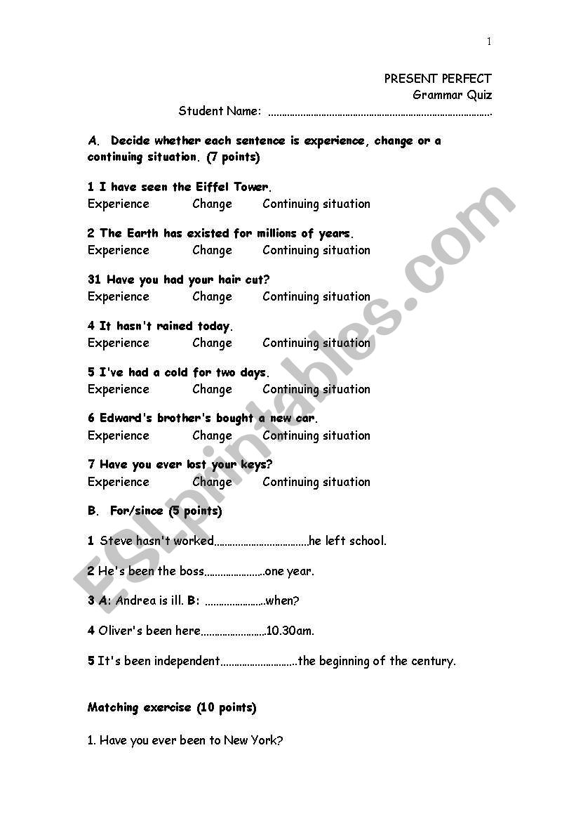 PRESENT PERFECT QUIZ worksheet