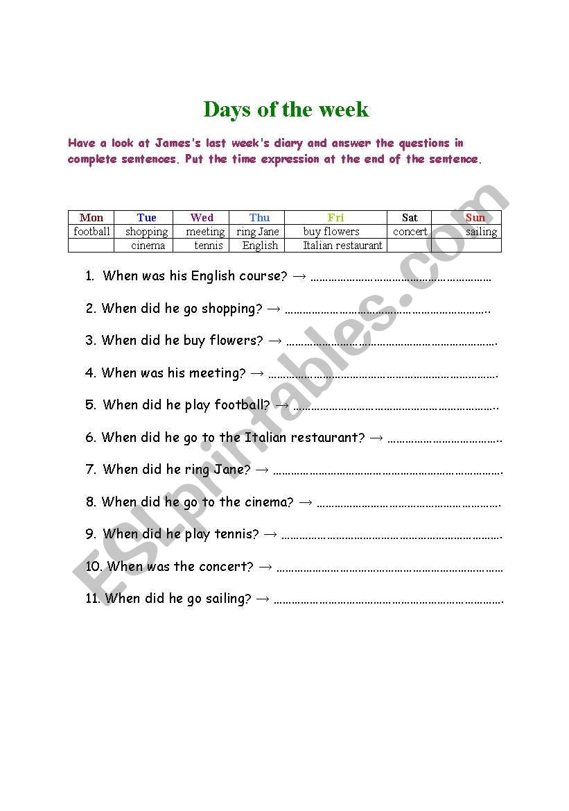 days of the week worksheet