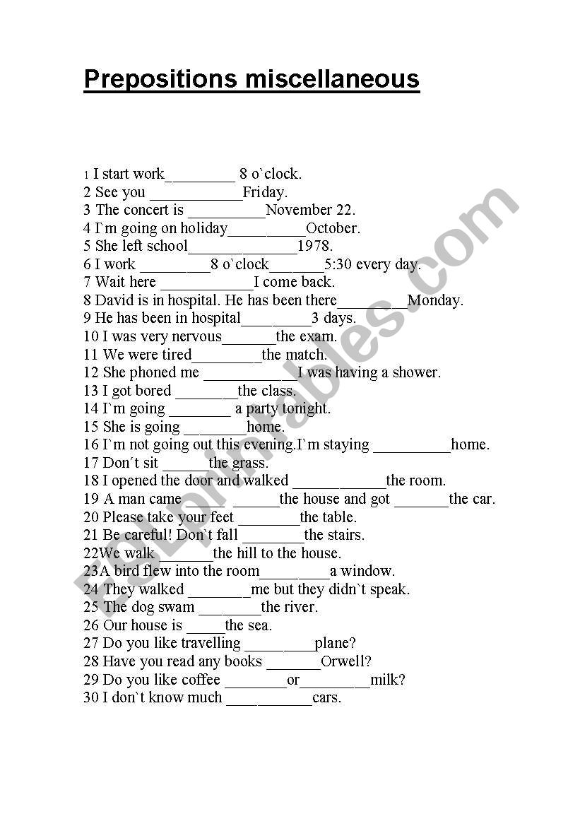 miscellaneous prepositions worksheet