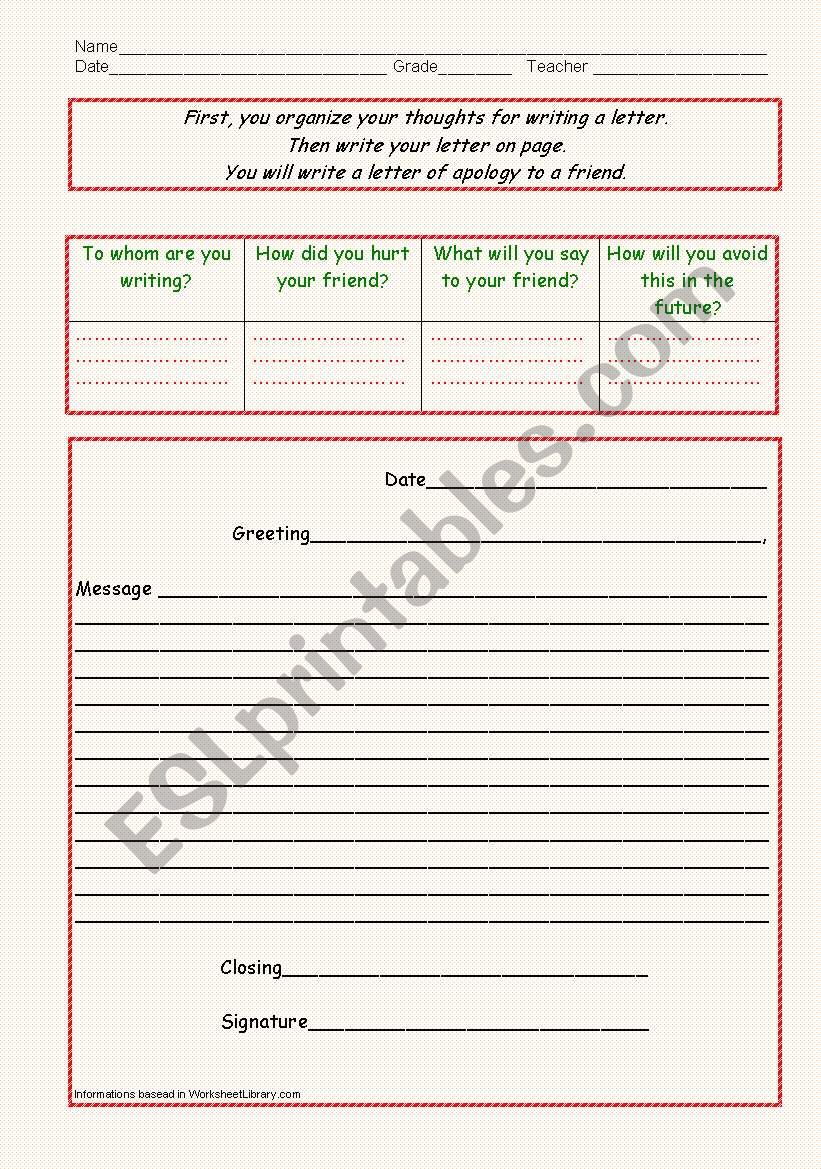 Letter to a friend worksheet