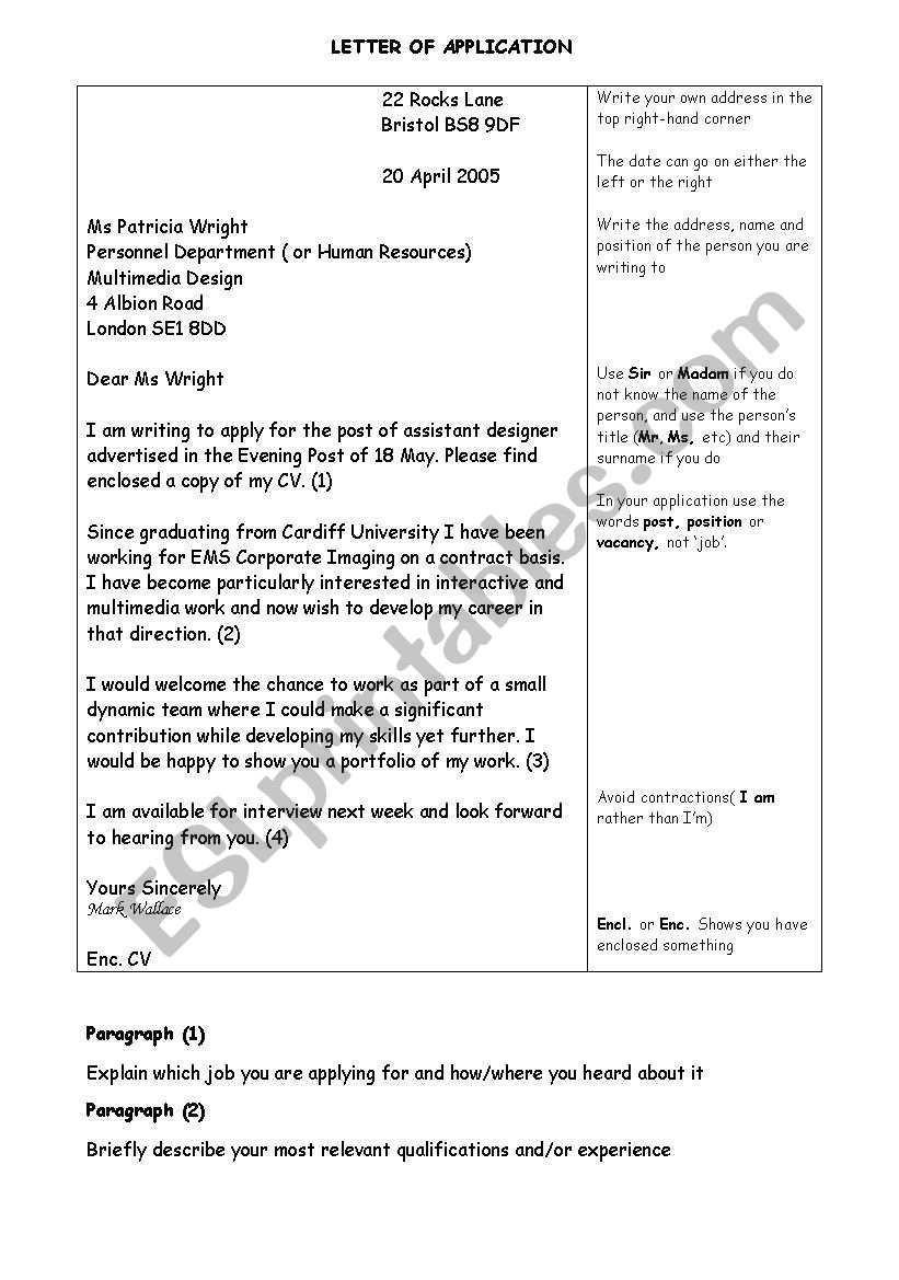 LETTER OF APPLICATION worksheet