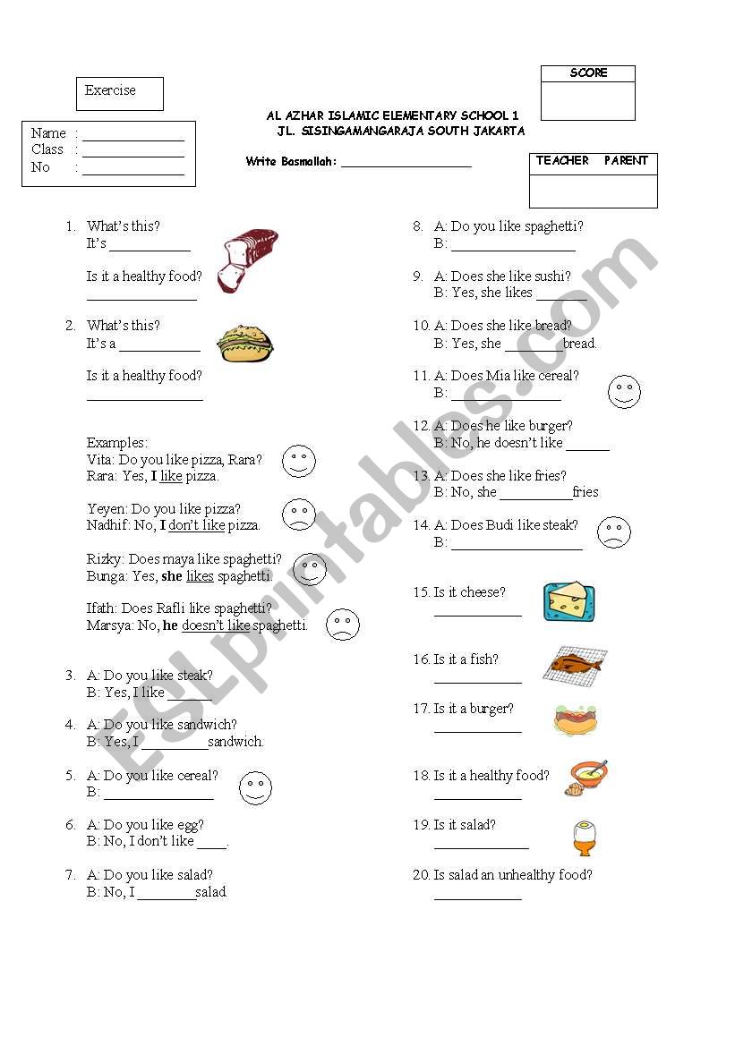 Likes and dislikes (food) worksheet