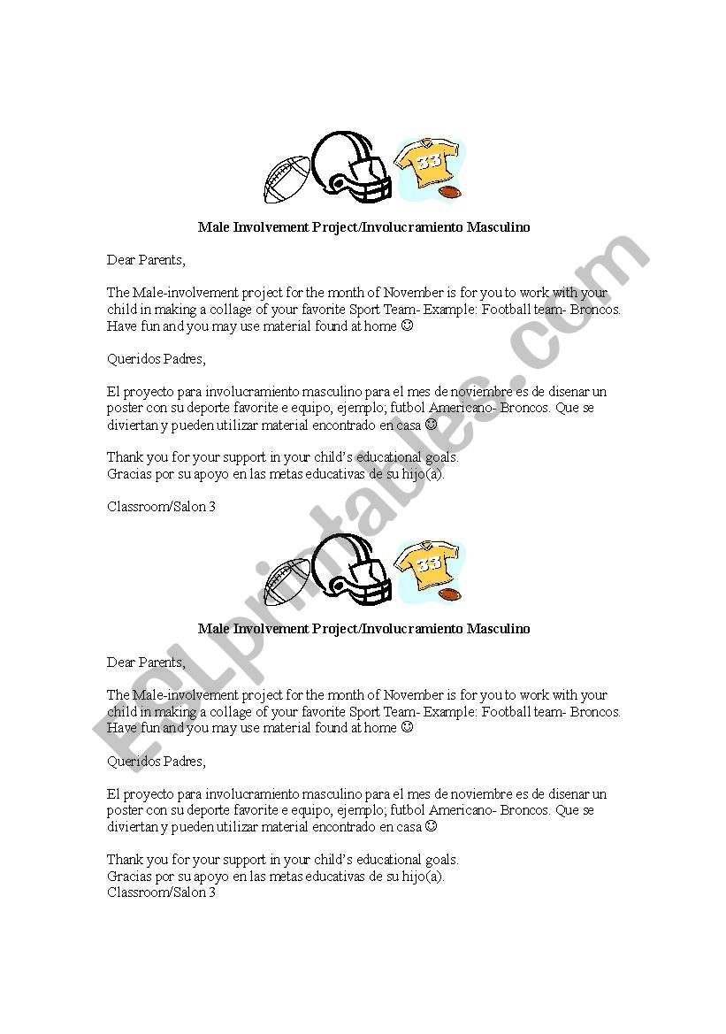 Male Involvement Sport Team worksheet