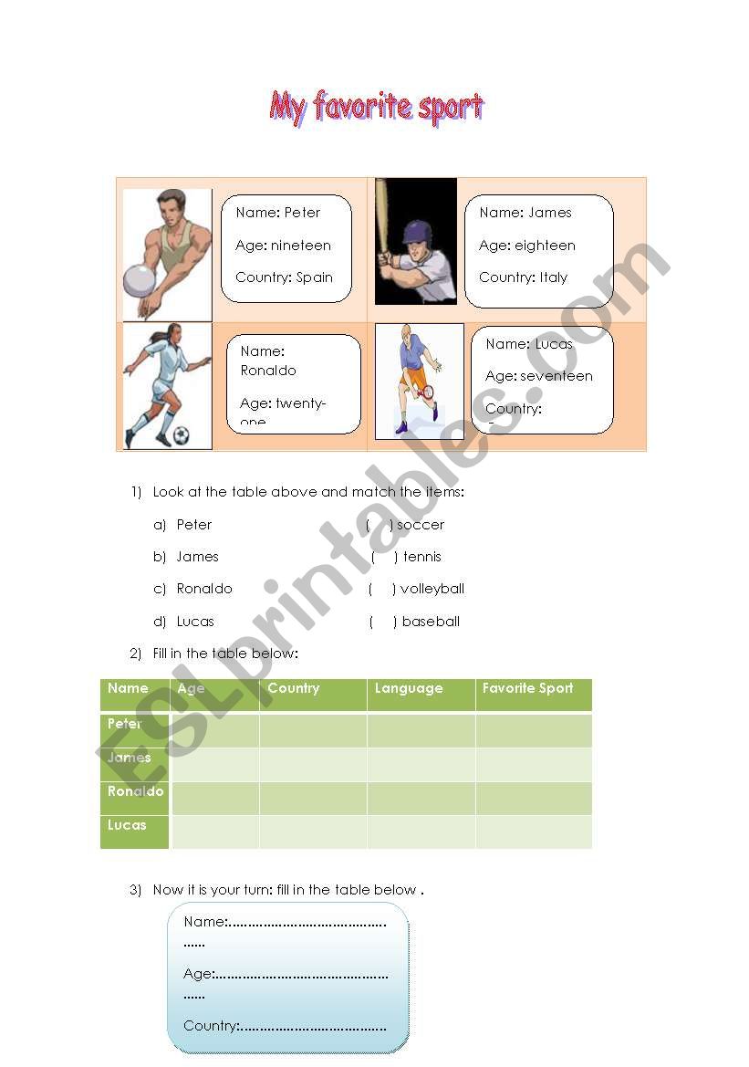 My favorite sport worksheet