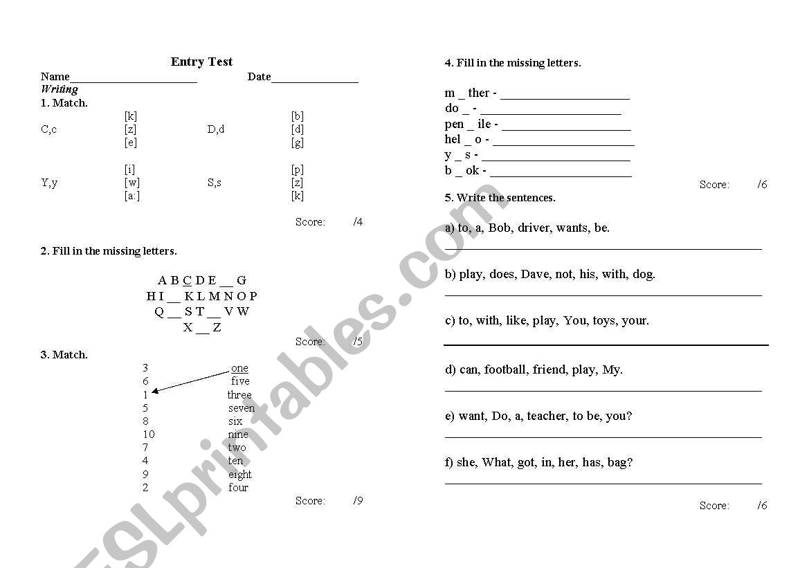 Entry test worksheet