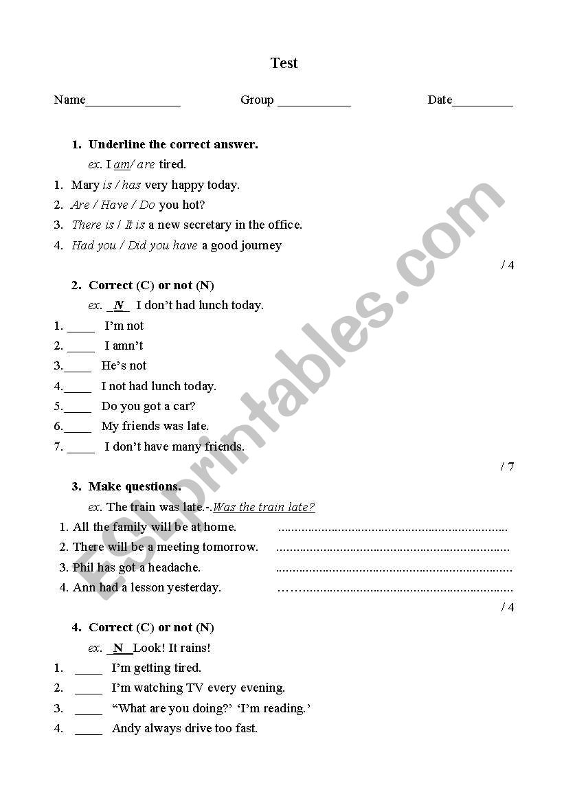 test worksheet