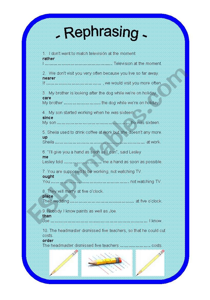 Rephrasing exercise worksheet