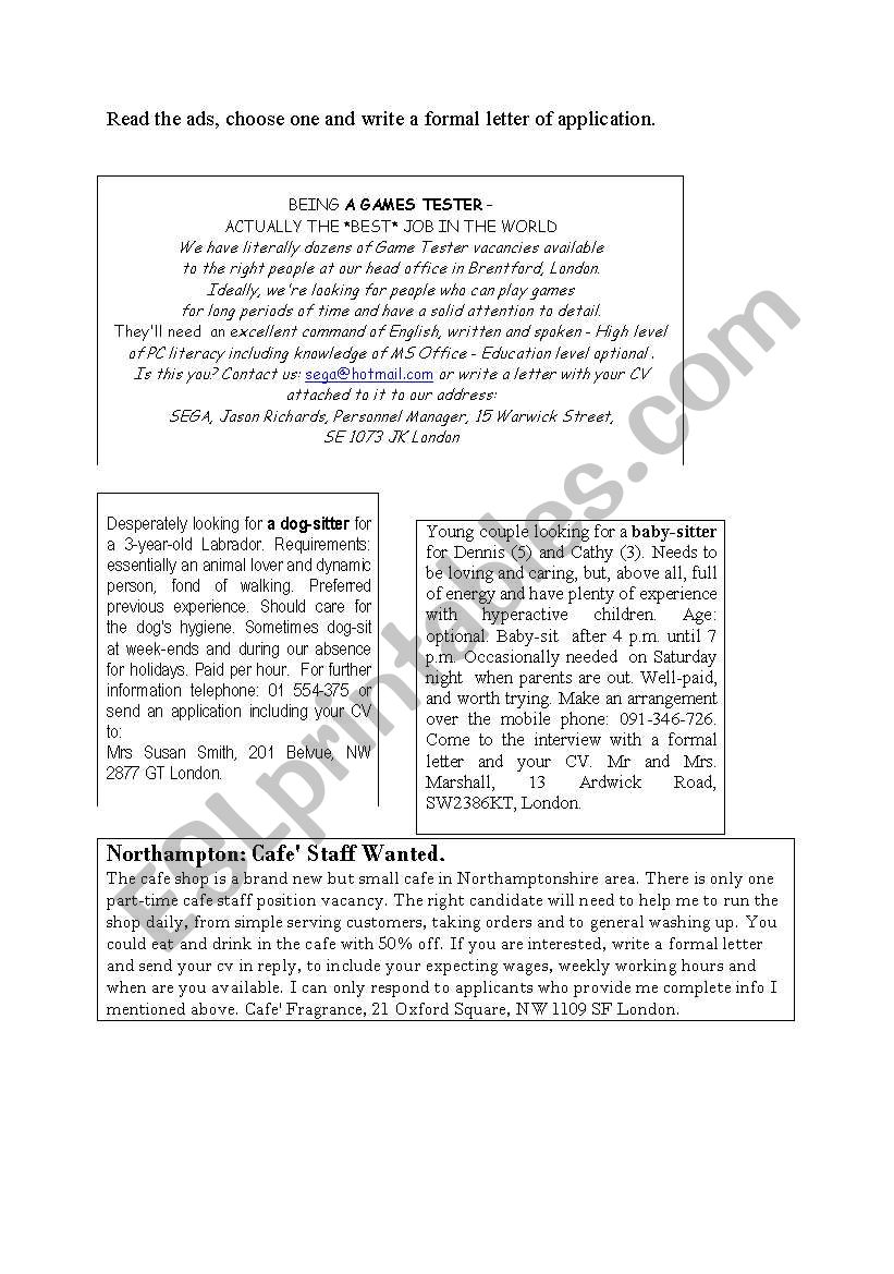 Job advertisements worksheet