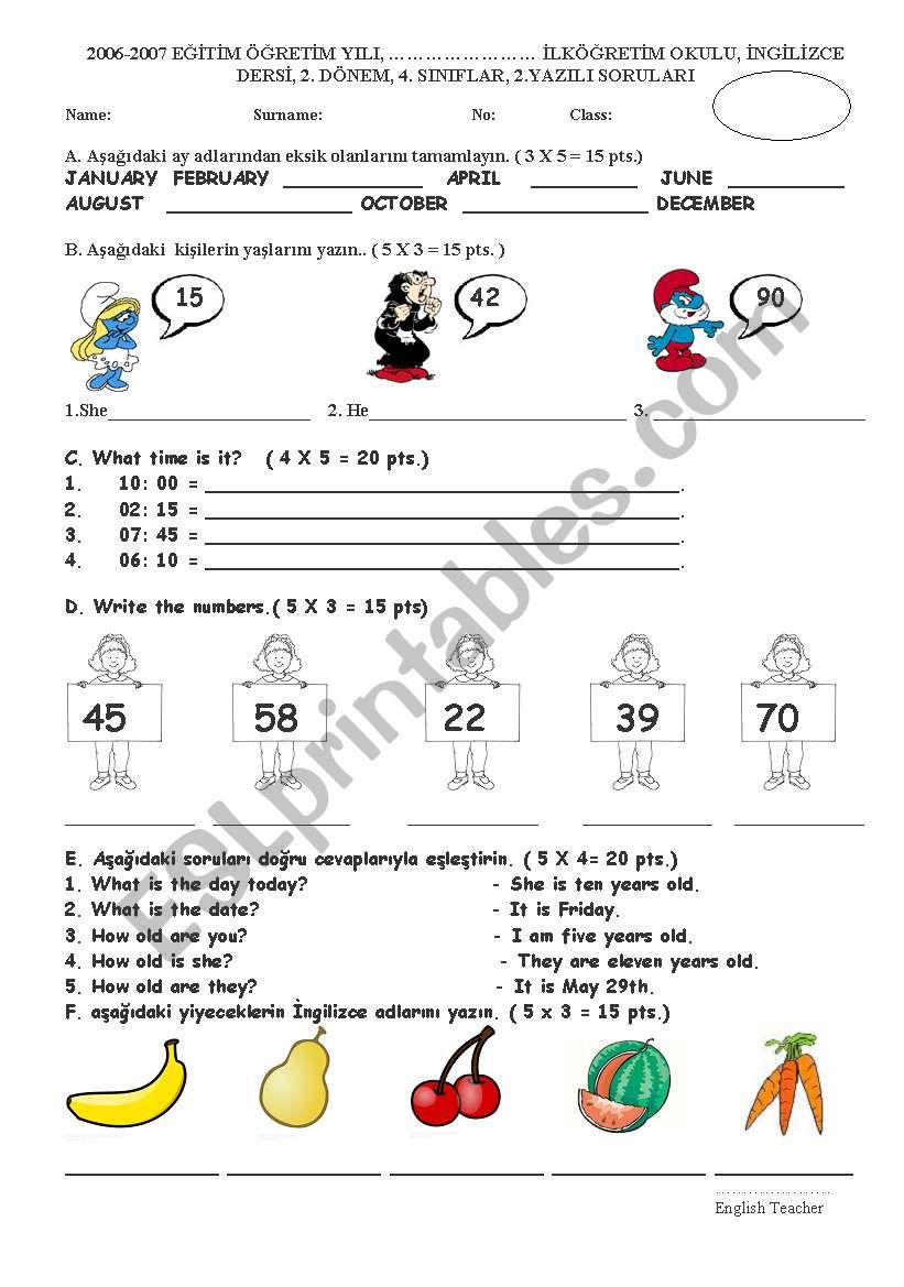 4th grades sample exam worksheet