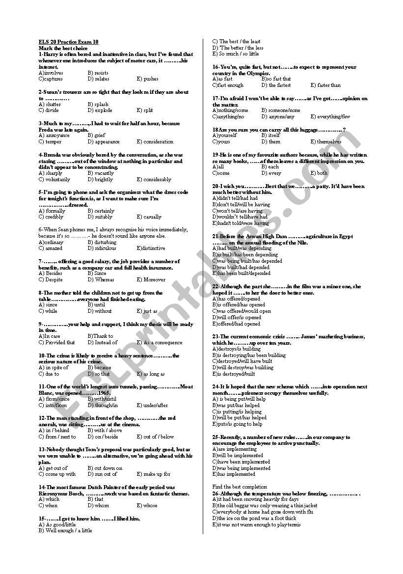 Grammar revision test worksheet