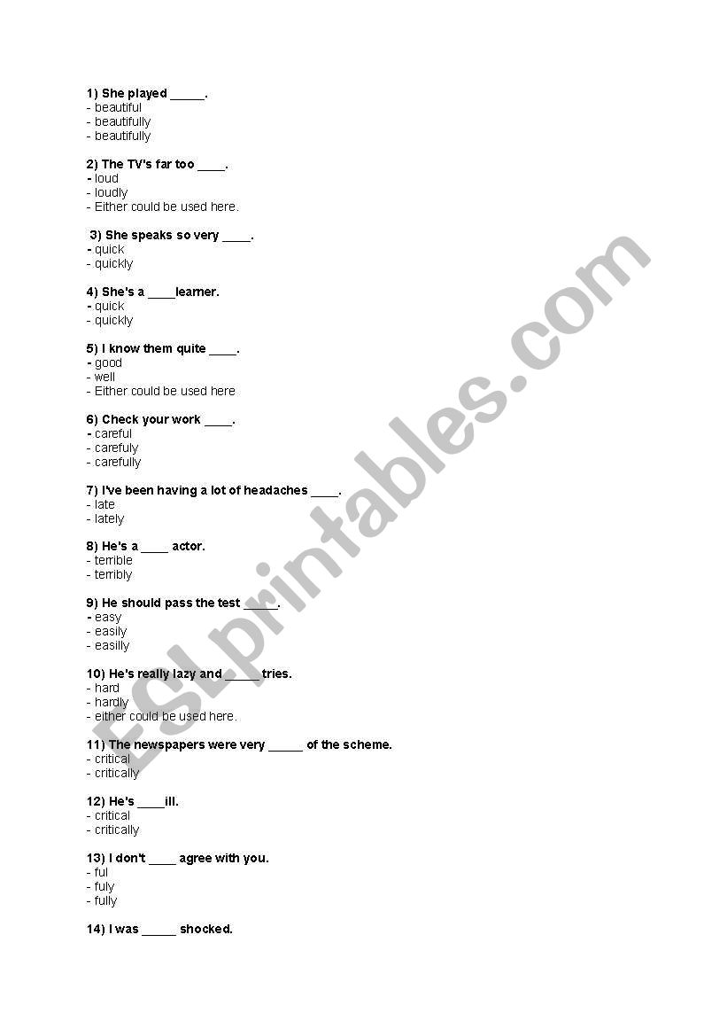 Adverbs - multiple choice worksheet