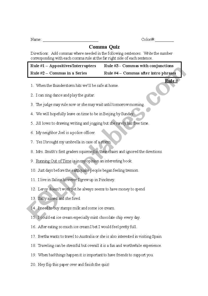 Comma Quiz worksheet