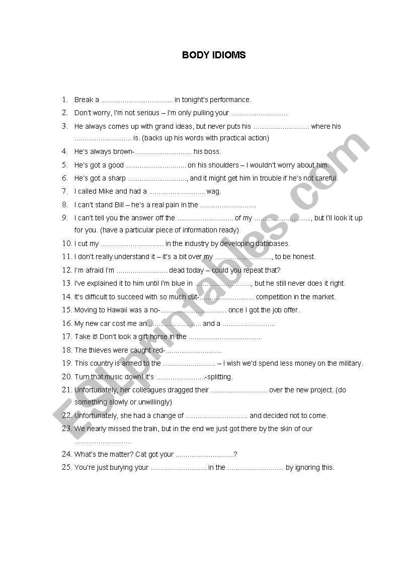 Body idioms worksheet