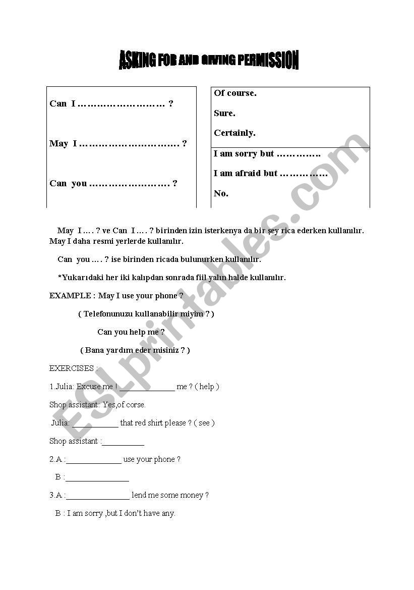 GIVING PERMISSION worksheet