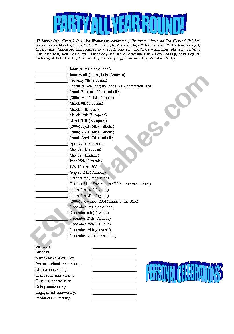 Celebrations around the world worksheet