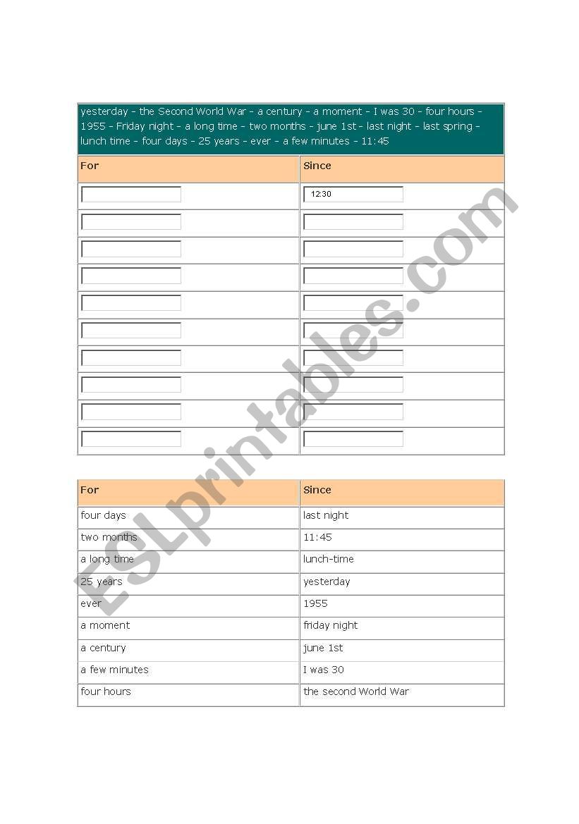 for and since worksheet