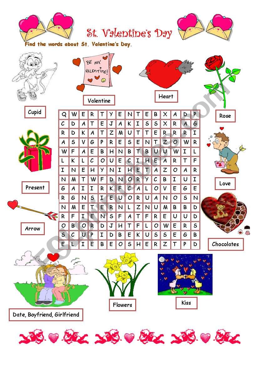 ValentineÂ´s Day wordsearch - ESL worksheet by Kita19