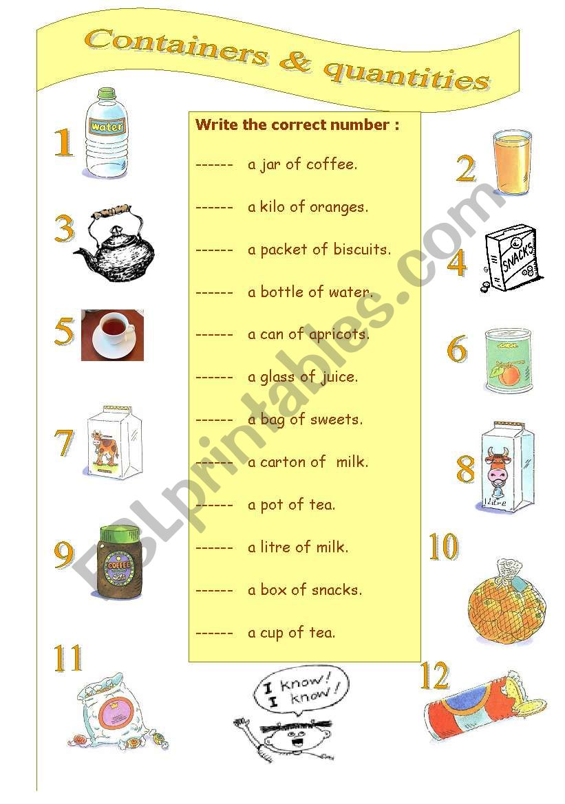 Containers and quantities worksheet