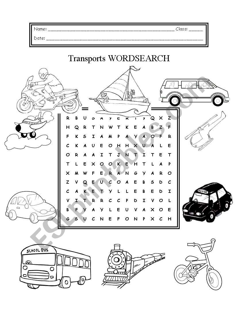 Transports Wordsearch worksheet