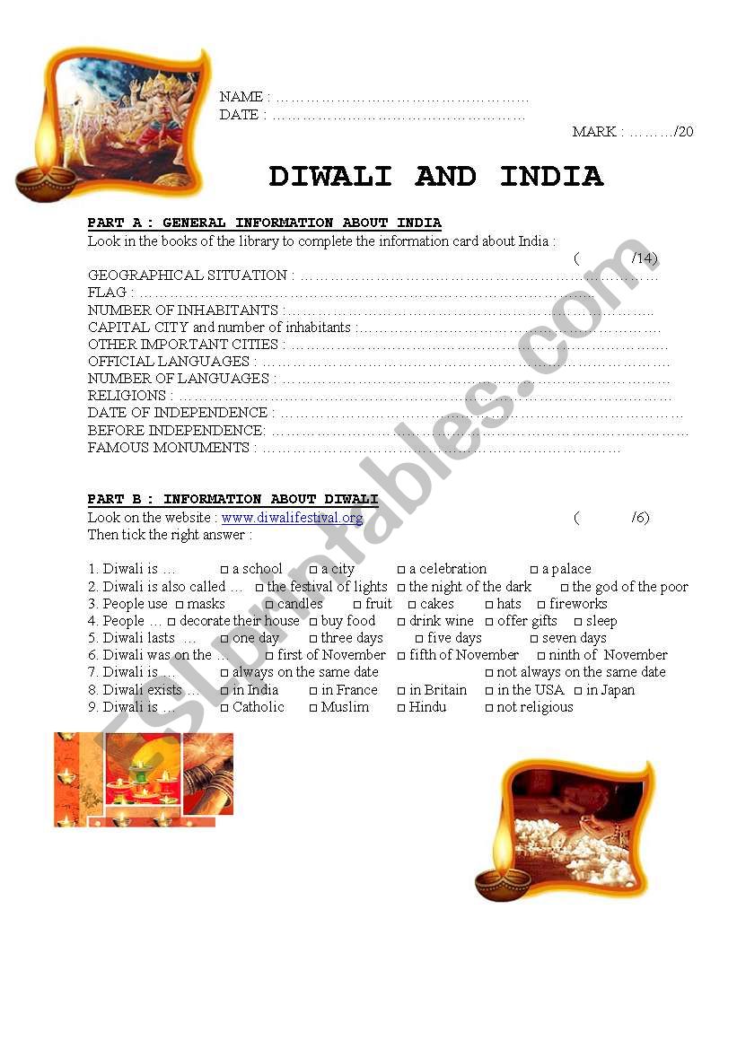 INDIA AND DIWALI worksheet