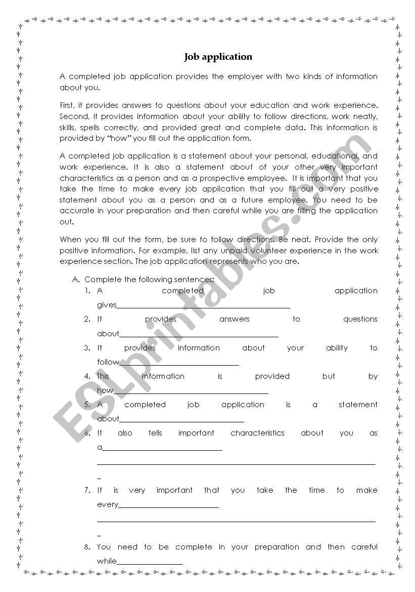 Job application worksheet