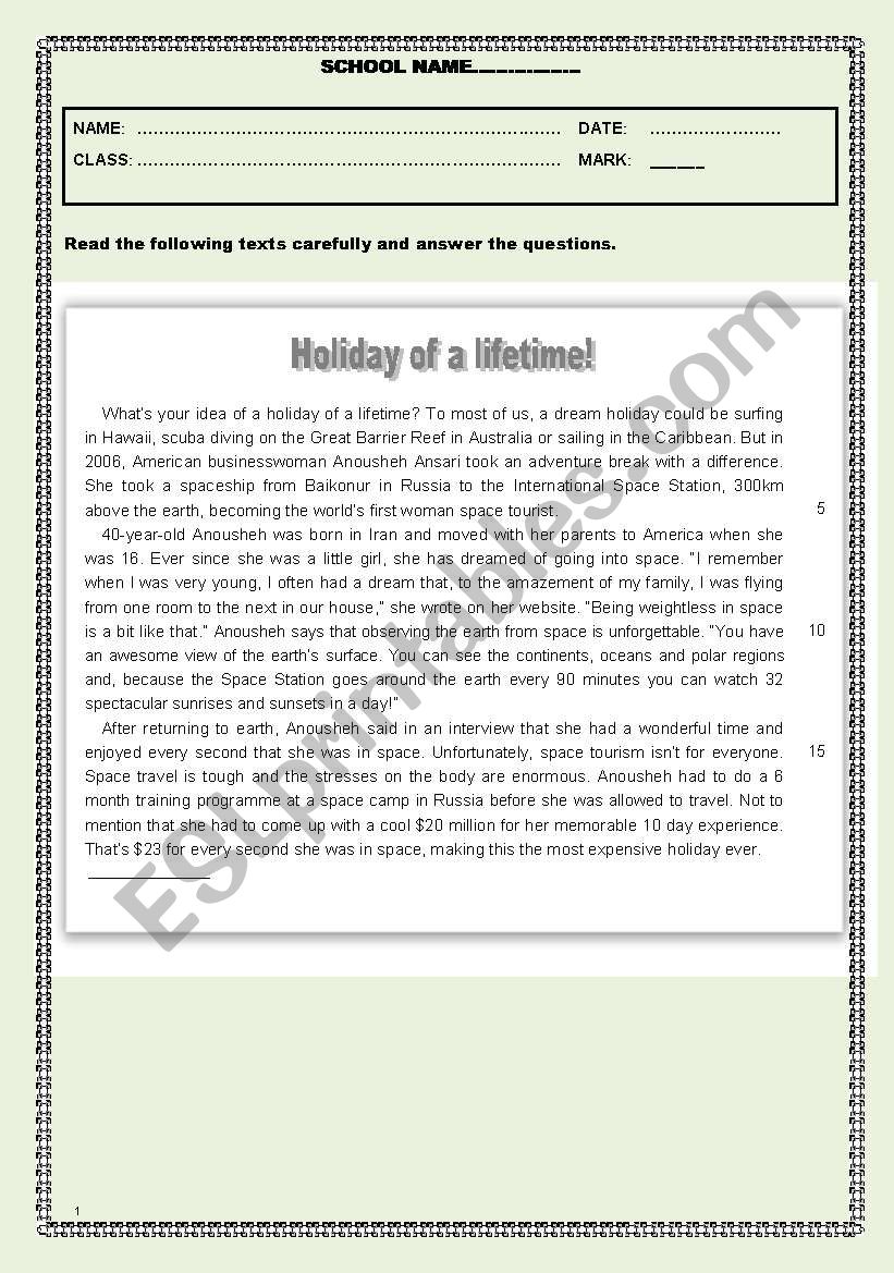 Test - Holiday of a lifetime worksheet