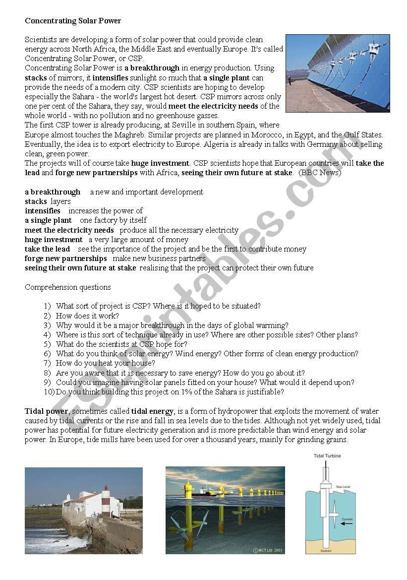 Concentrating Solar Power worksheet