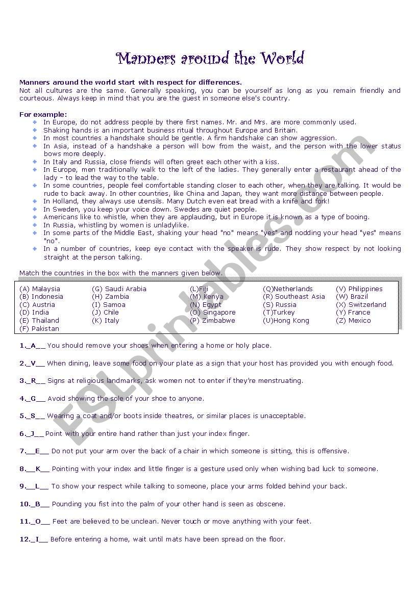 Manners around the world worksheet