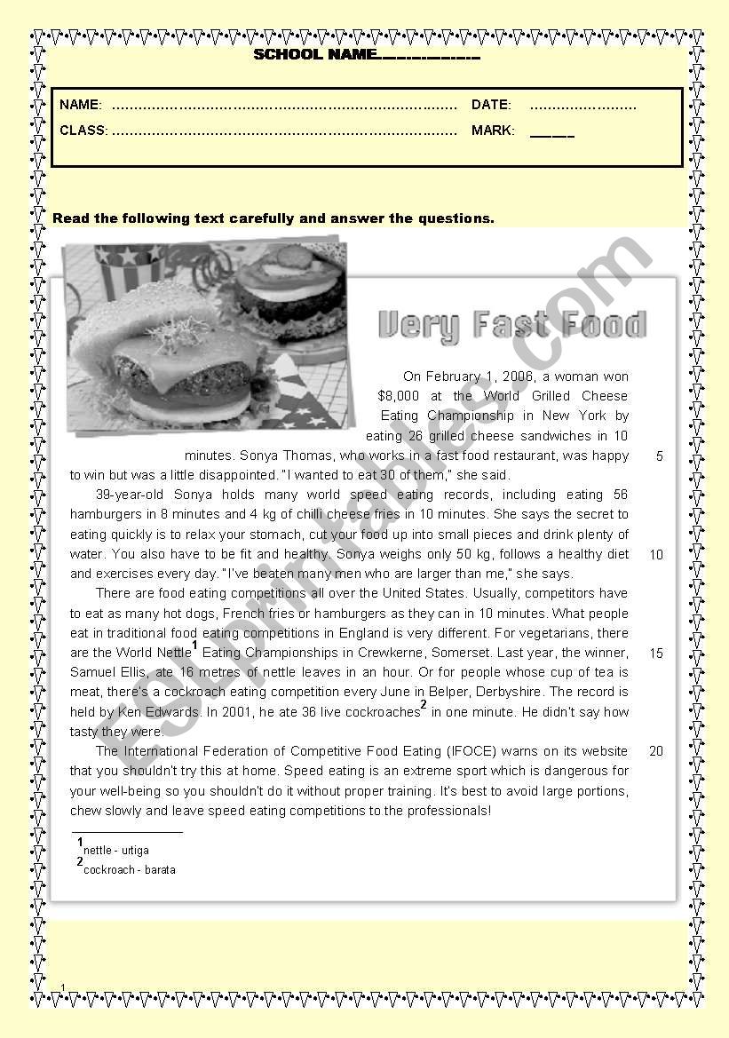 Test - Very fast food worksheet