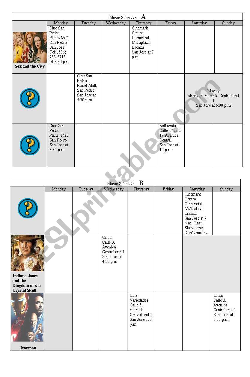 Movie Schedule A and B worksheet