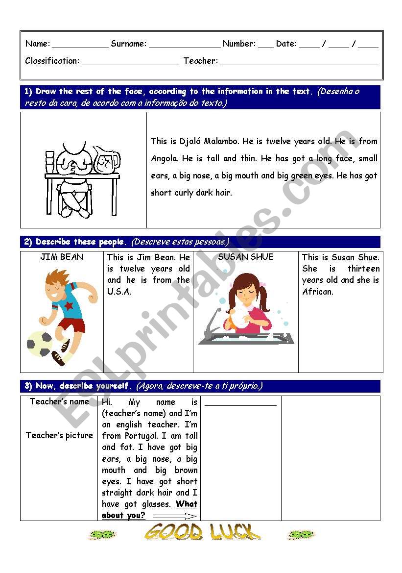 Body and physical appearance worksheet