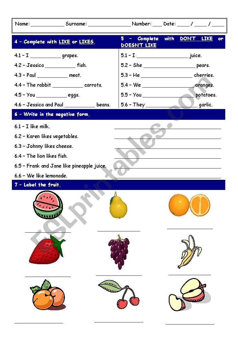 Worksheet on likes/dislikes and fruit vocabulary