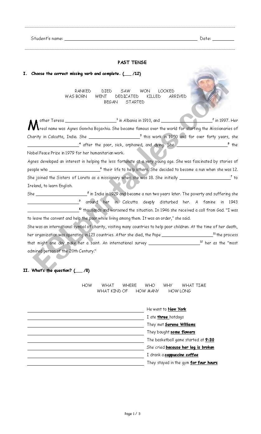 Exam Simple past & future worksheet