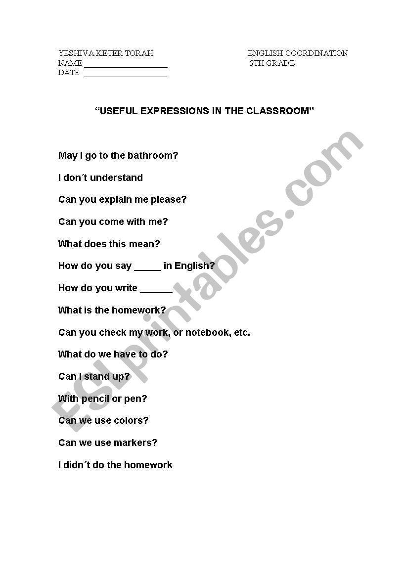 useful expressions in class worksheet